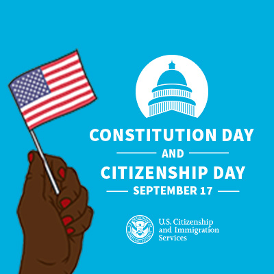 Text Constitution Day and Citizenship Day September 17th with a graphic of a hand waving a flag
