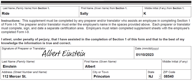 Sample  of how to fill out the Preparer and-or Translator certification for Section1
