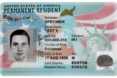 Front side of previous United States Permanent Resident Card specimen (sample).