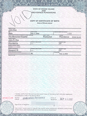 Image of a sample United States birth certificate