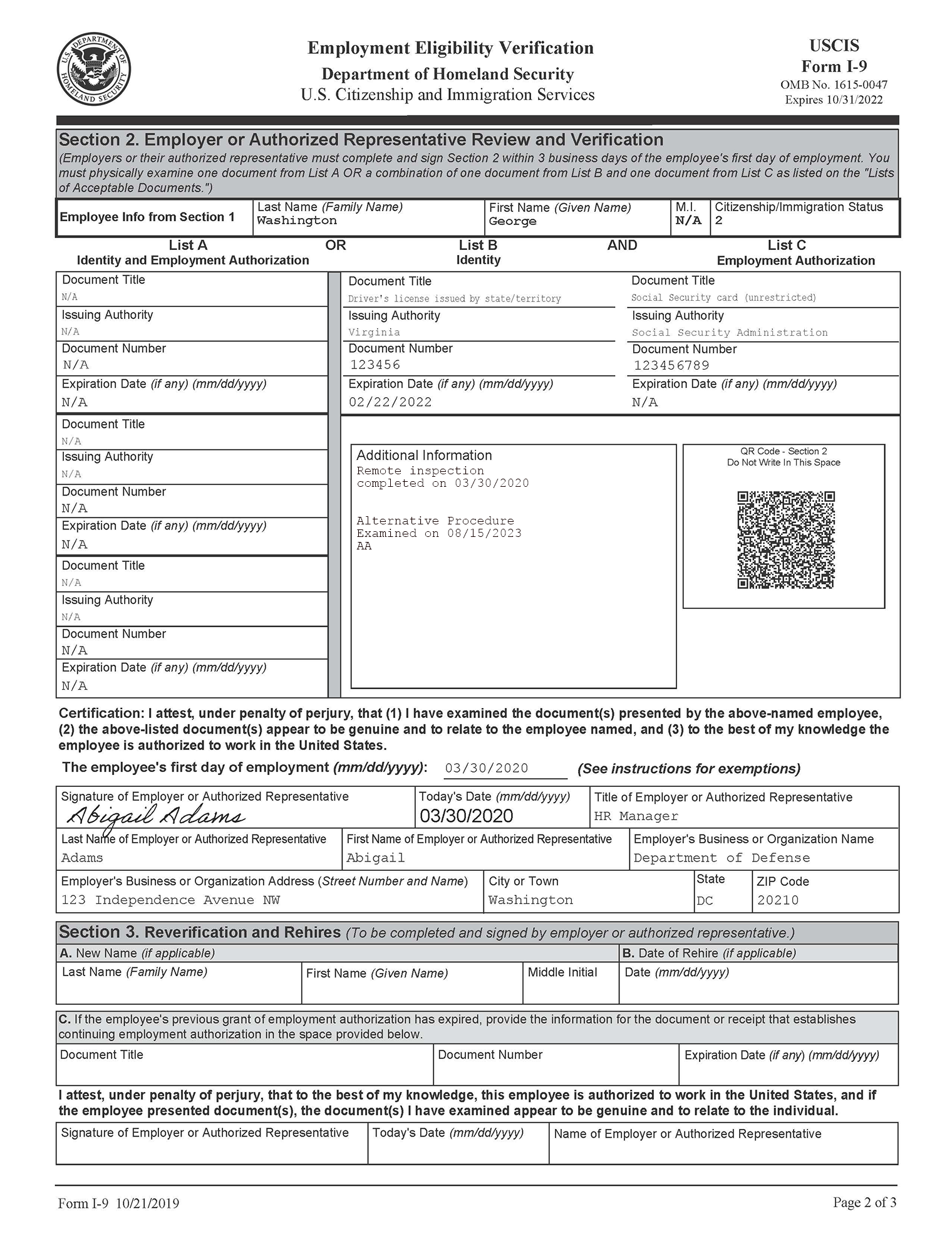 Sample Form I-9 showing how to record USCIS Physical Inspection Done by Different Person